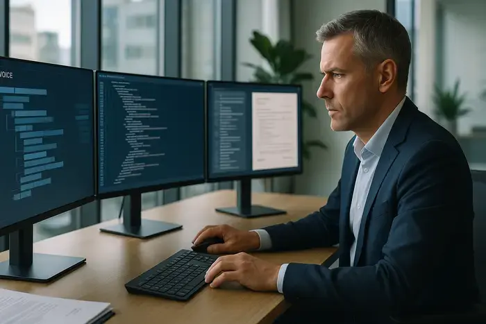 Finanzprofi prüft strukturierte E-Rechnungsdaten auf mehreren Monitoren, zeigt Compliance-Checkliste und digitale Transformation.