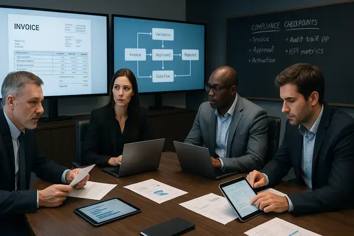 CFOs und Finance Manager diskutieren an einem Konferenztisch mit Tablets und mehreren Monitoren, auf denen Rechnungsvalidierungsprozesse, Compliance-Checkpoints und KPI-Metriken dargestellt sind.