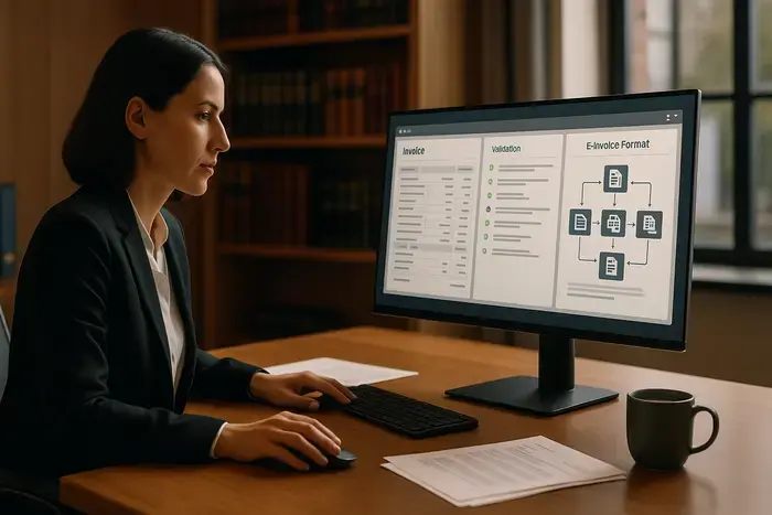 Rechtsanwalt arbeitet konzentriert am modernen Schreibtisch mit Monitor, auf dem strukturierte E-Rechnungsdaten und Validierungssysteme angezeigt werden, umgeben von zeitgenössischen Kanzleimöbeln und professioneller Beleuchtung.