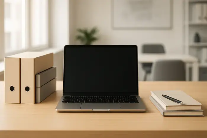 Moderner Büroarbeitsplatz mit Laptop und ordnungsgemäß organisierten Dokumenten zur strukturierten Rechnungsverwaltung