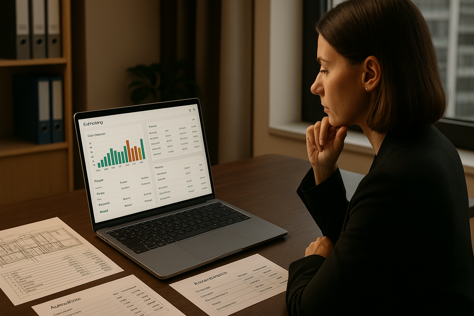 Modernes Büro mit Laptop, auf dem E-Rechnungs-Software mit Projekt- und Kostenintegration angezeigt wird, neben Dokumenten und Bauplan, symbolisiert digitale Rechnungsverarbeitung in Projekten