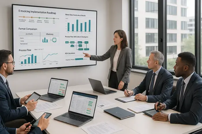 Finance-Team im modernen Konferenzraum arbeitet an E-Rechnungs-Implementierung mit Prozessdiagrammen und Konfigurationsübersichten auf großen Monitoren.
