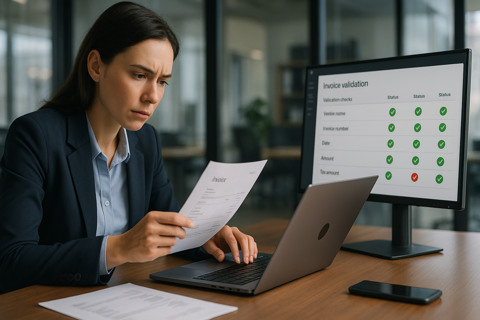 Professionelle Büroszenerie mit Fachkraft vor Laptop, die kritisch eine per E-Mail erhaltene Rechnung prüft, im Hintergrund Dashboard zur Rechnungsvalidierung sichtbar, modernes Büroambiente mit natürlichem Tageslicht, konzentrierte Atmosphäre ohne Hektik, realistische Darstellung digitaler Arbeitsprozesse im Rechnungswesen