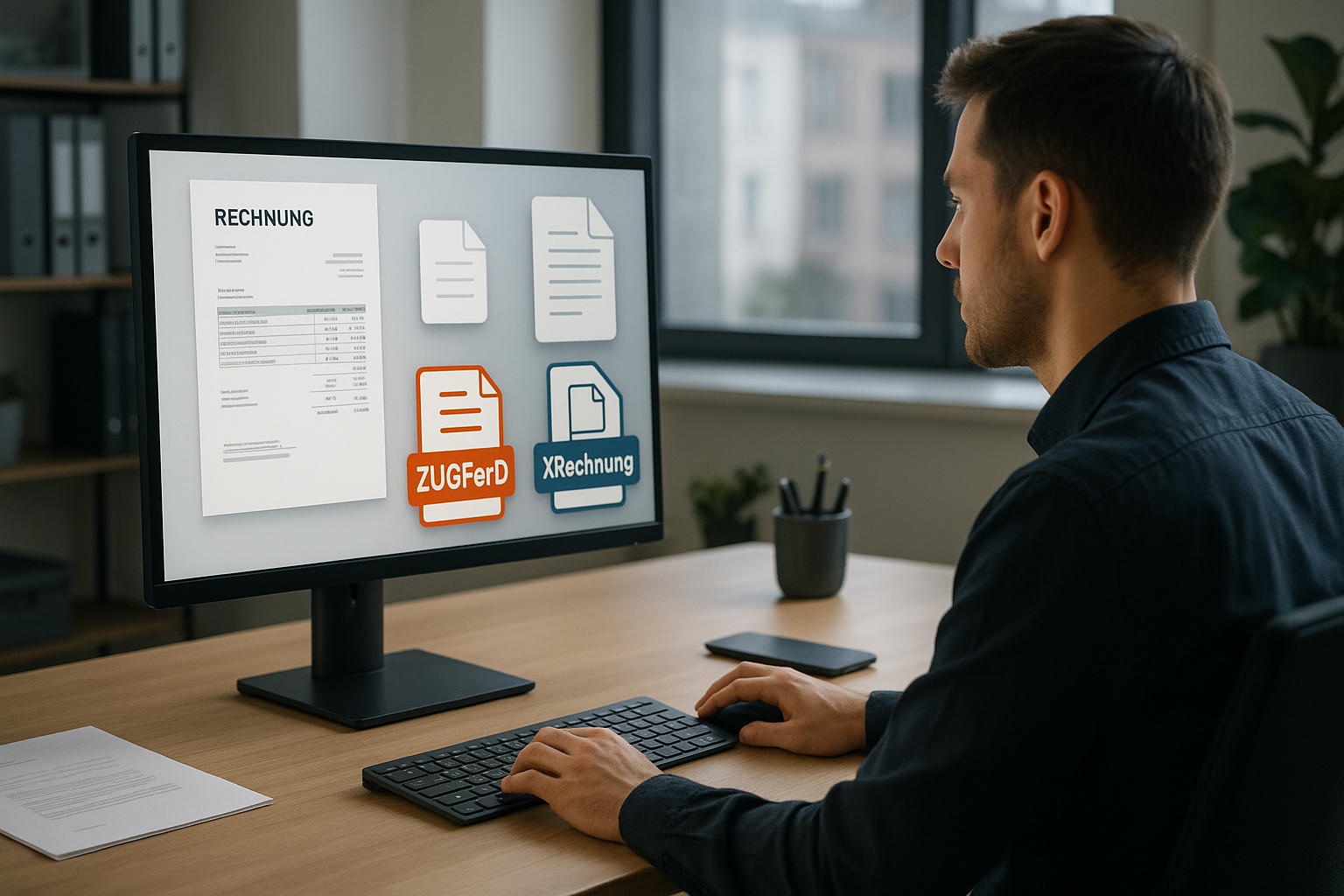 Modernes Büro mit Person vor Computerbildschirm bei der digitalen Rechnungsverarbeitung und Dokumentenverwaltung mit E-Rechnungsformaten