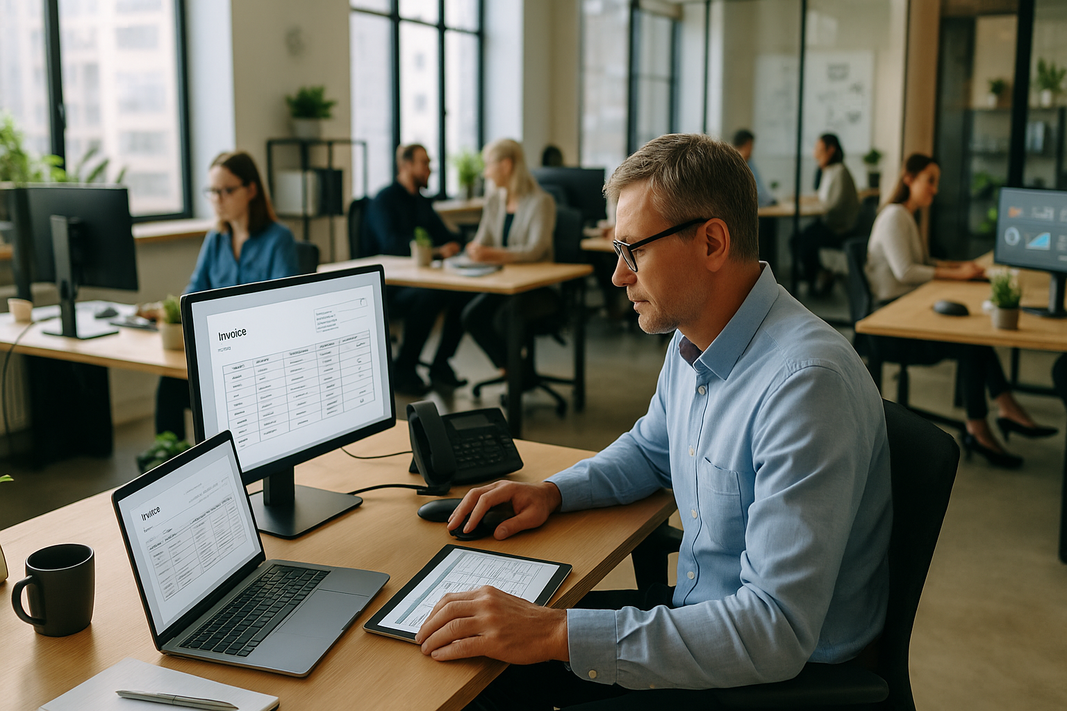 Moderne Finanzabteilung mit mehreren Mitarbeitern an ergonomischen Schreibtischen, die auf großen Monitoren digitale Rechnungen prüfen, helle Büroumgebung mit großen Fenstern und Tageslicht, Pflanzen im Hintergrund, professionelle Arbeitsatmosphäre