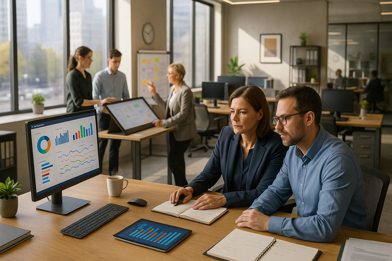 Zwei Mitarbeitende analysieren im Büro ein KPI-Dashboard am Monitor und Diagramme auf dem Tablet, im Hintergrund plant ein Team am Whiteboard die nächsten Schritte.