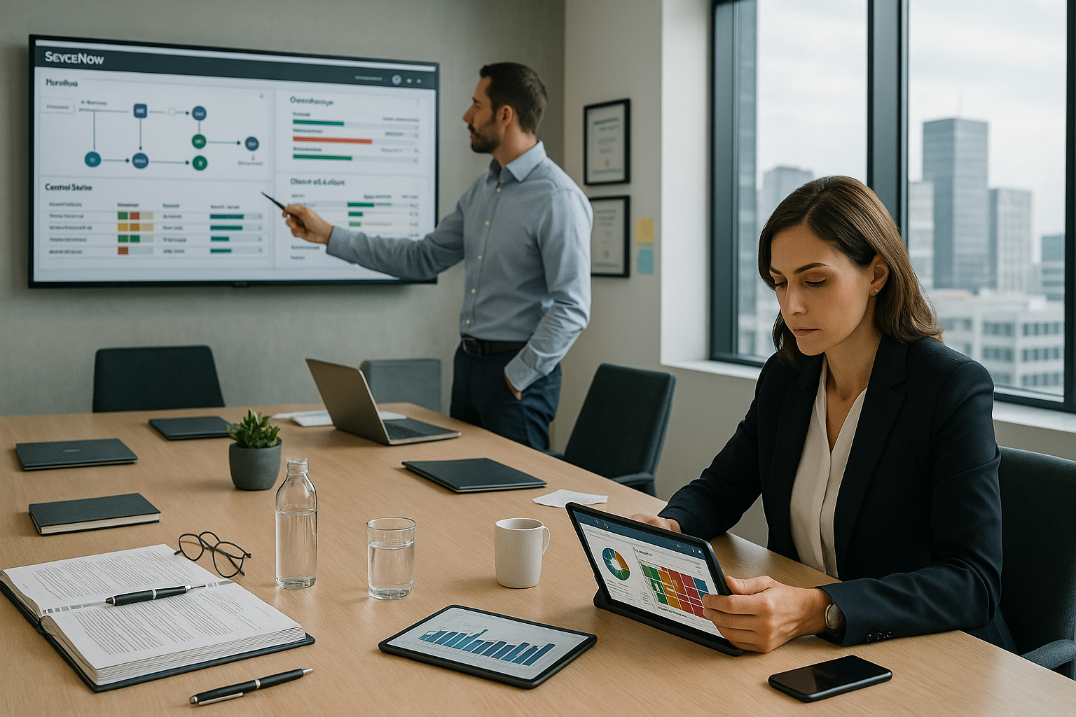 Mitarbeiterin wertet am Konferenztisch ein Dashboard auf dem Tablet aus, während im Hintergrund ein Kollege Kennzahlen und Prozessstatus auf einem Bildschirm präsentiert.