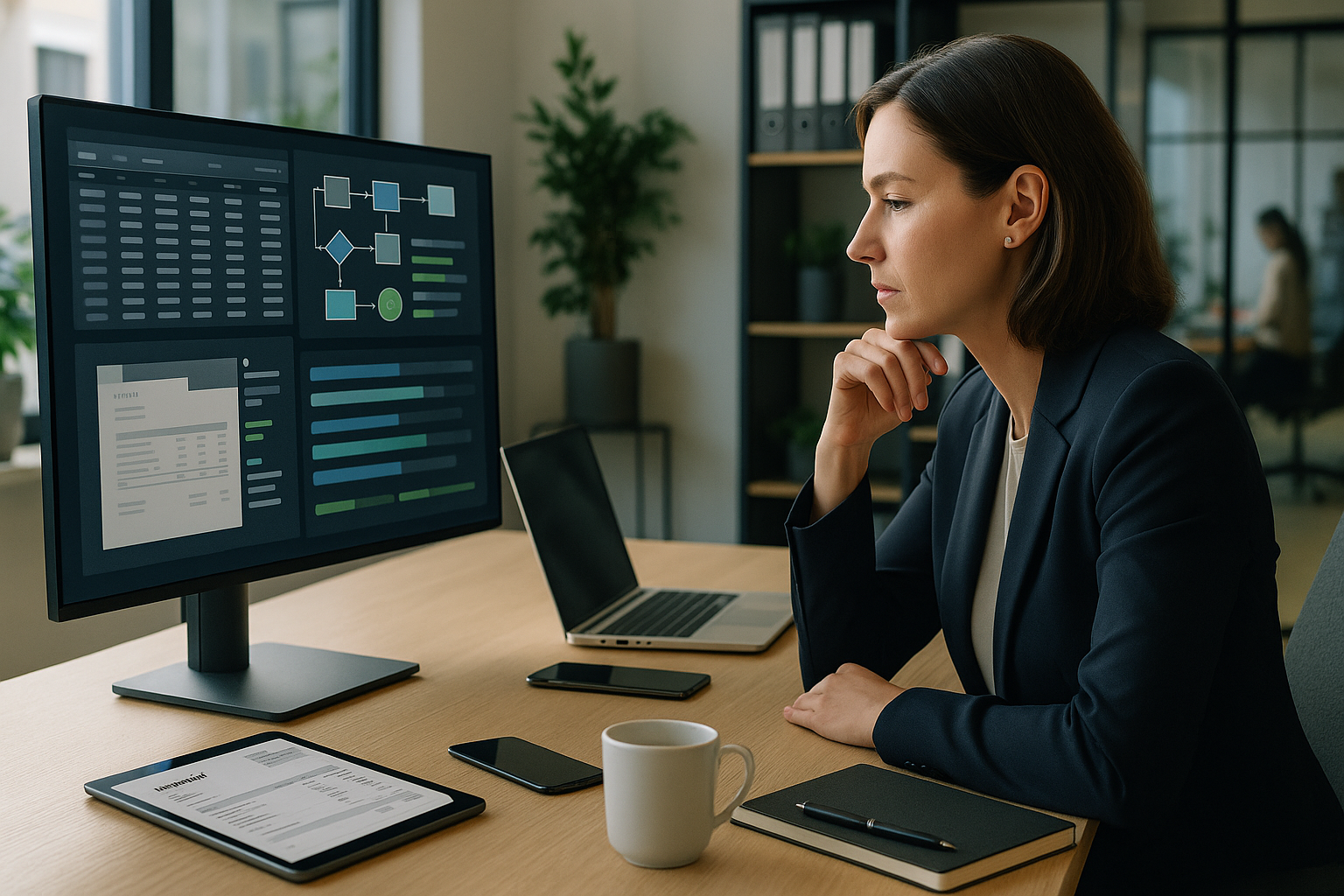 Mitarbeiterin analysiert am Schreibtisch ein Dashboard mit Prozess- und Rechnungsdaten auf dem Monitor, daneben liegen Tablet mit Dokument, Laptop und Notizbuch.