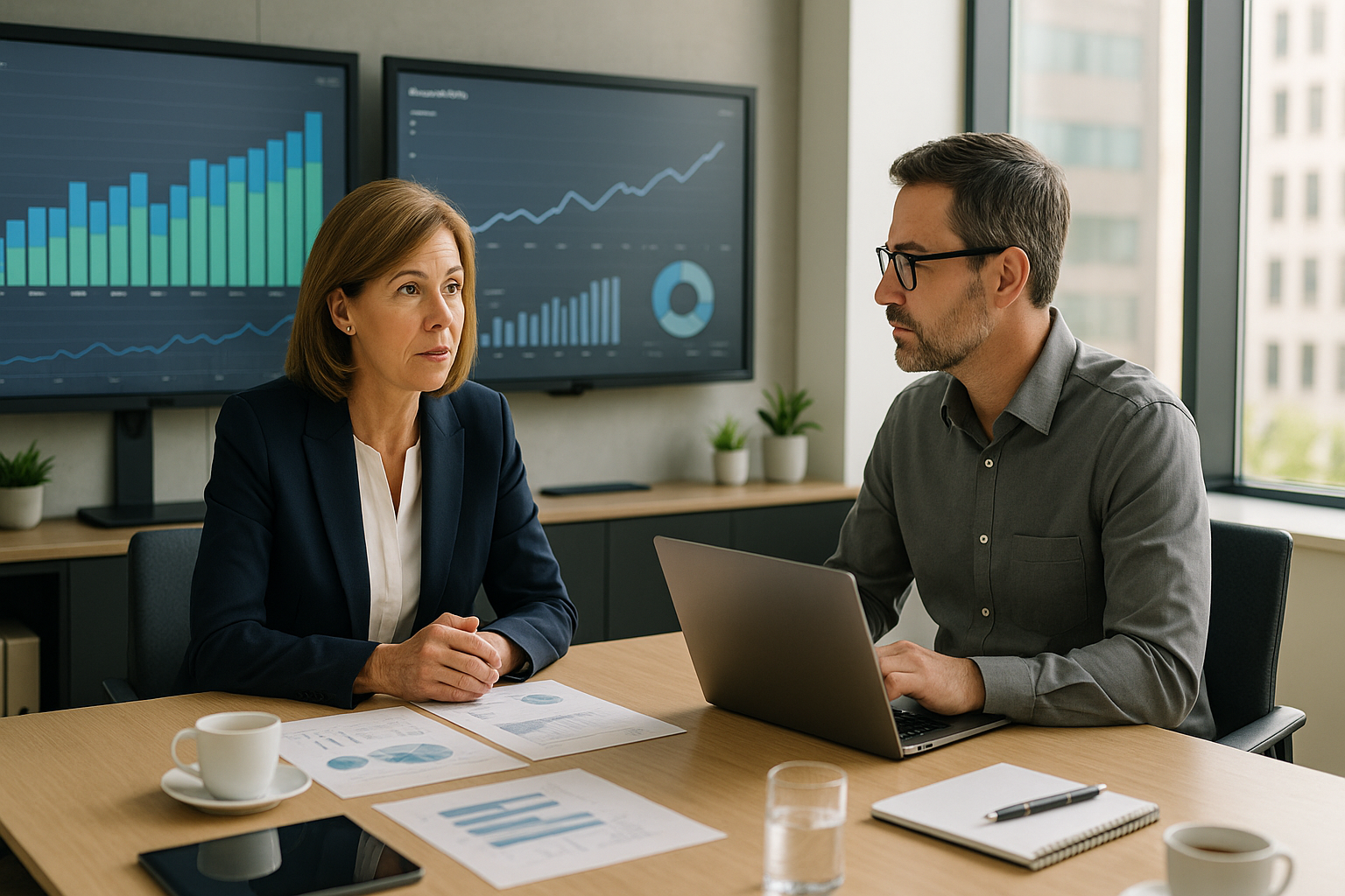 CFO und IT-Leiter im modernen Konferenzraum vor Dashboard-Bildschirmen mit Finanz-KPIs, Tageslicht durch große Fenster, professionelle Büroumgebung, Fokus auf datengetriebene Entscheidungsfindung