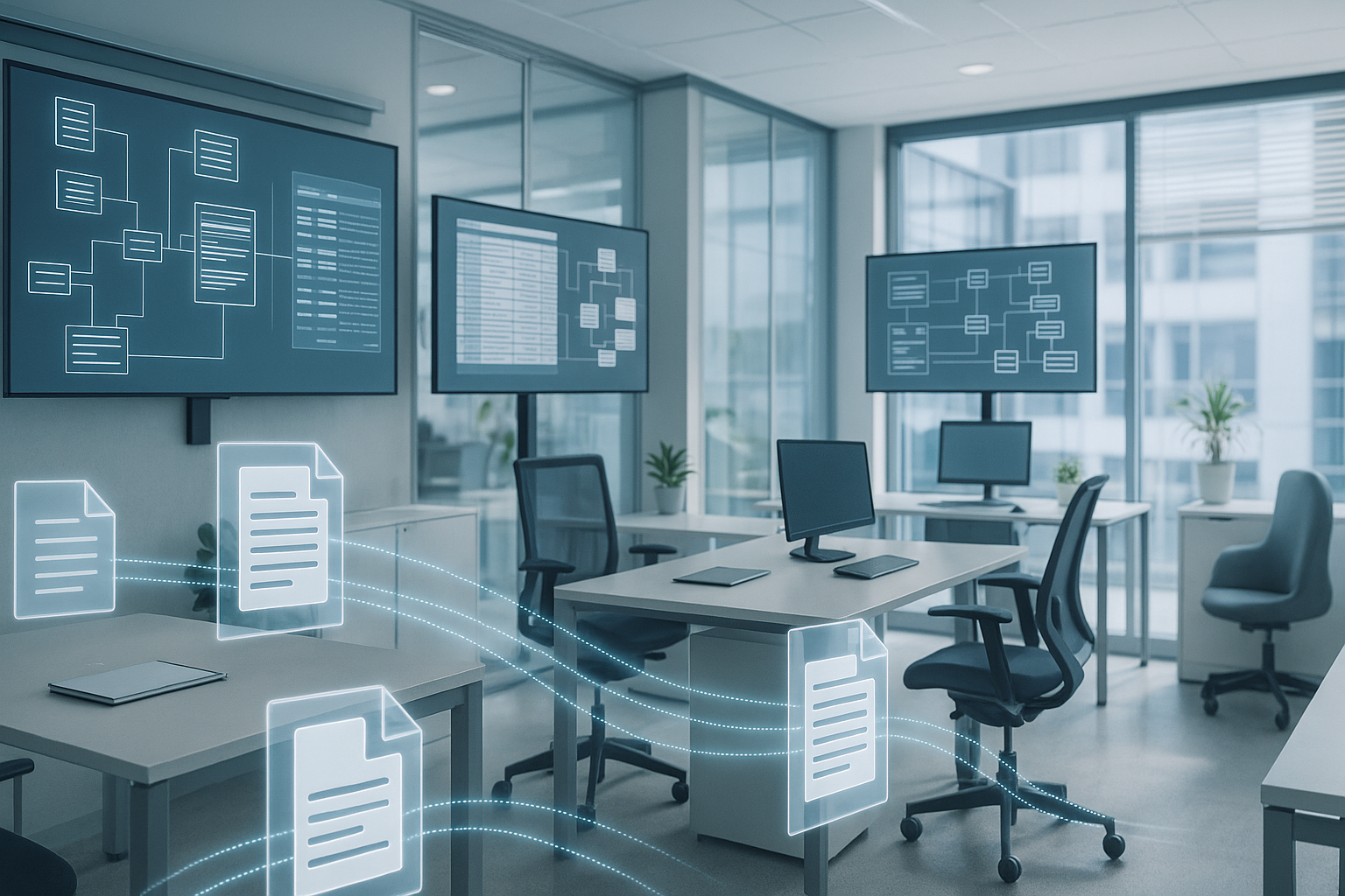 Professionelles Büroumfeld mit digitalen Dokumenten und strukturierten Datenströmen auf Bildschirmen in modernem Arbeitsraum