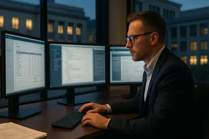 Finanzprofi an modernem Schreibtisch mit mehreren Monitoren zeigt strukturierte Rechnungsdaten, Leitweg-ID-Systeme und Verwaltungsschnittstellen in elektronischem Rechnungsformat.
