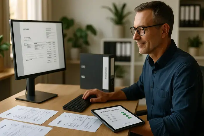 Person am Schreibtisch erstellt XRechnung mit LibreOffice, Rechnungsdokumente und Validierungsergebnisse liegen geordnet daneben