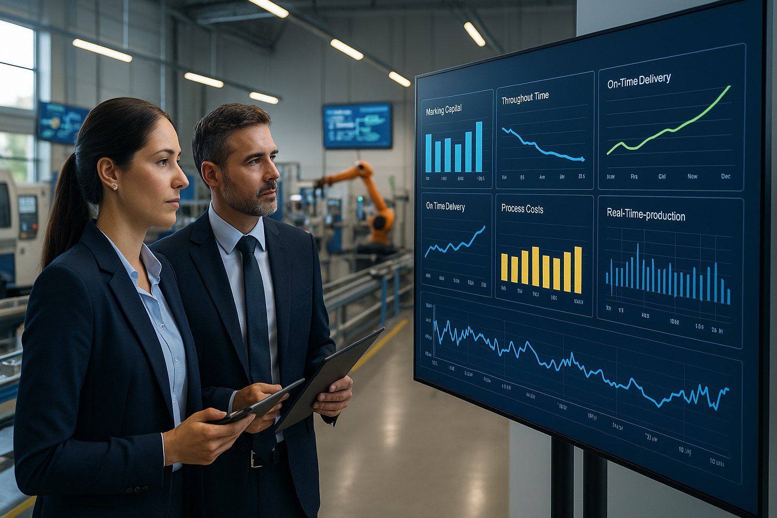 Finanzmanagerin mit Tablet und Geschäftsführer mit Dokumentenmappe stehen vor großem digitalem Dashboard in moderner Produktionshalle und analysieren Working Capital Kennzahlen, Durchlaufzeiten und Prozesskosten, während im Hintergrund mehrstufige Fertigungslinien mit CNC Maschinen, Roboterarmen, Förderbändern mit Metallbauteilen und Hochregallager mit Paletten sichtbar sind, helle Industrieumgebung mit großen Fenstern, Tageslicht und LED Hallenbeleuchtung, Monitore mit Wertstrom Diagrammen an den Wänden, Betonboden mit Sicherheitsmarkierungen
