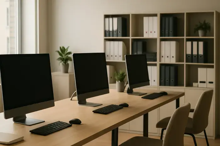 Modernes Büroumfeld mit aufgeräumten Arbeitsplätzen symbolisiert strukturierte digitale Rechnungsverwaltung und organisierte Finanzprozesse.