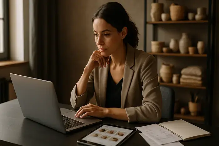 Unternehmerin arbeitet konzentriert am Laptop und prüft E-Rechnungen und Belege auf ihrem Schreibtisch