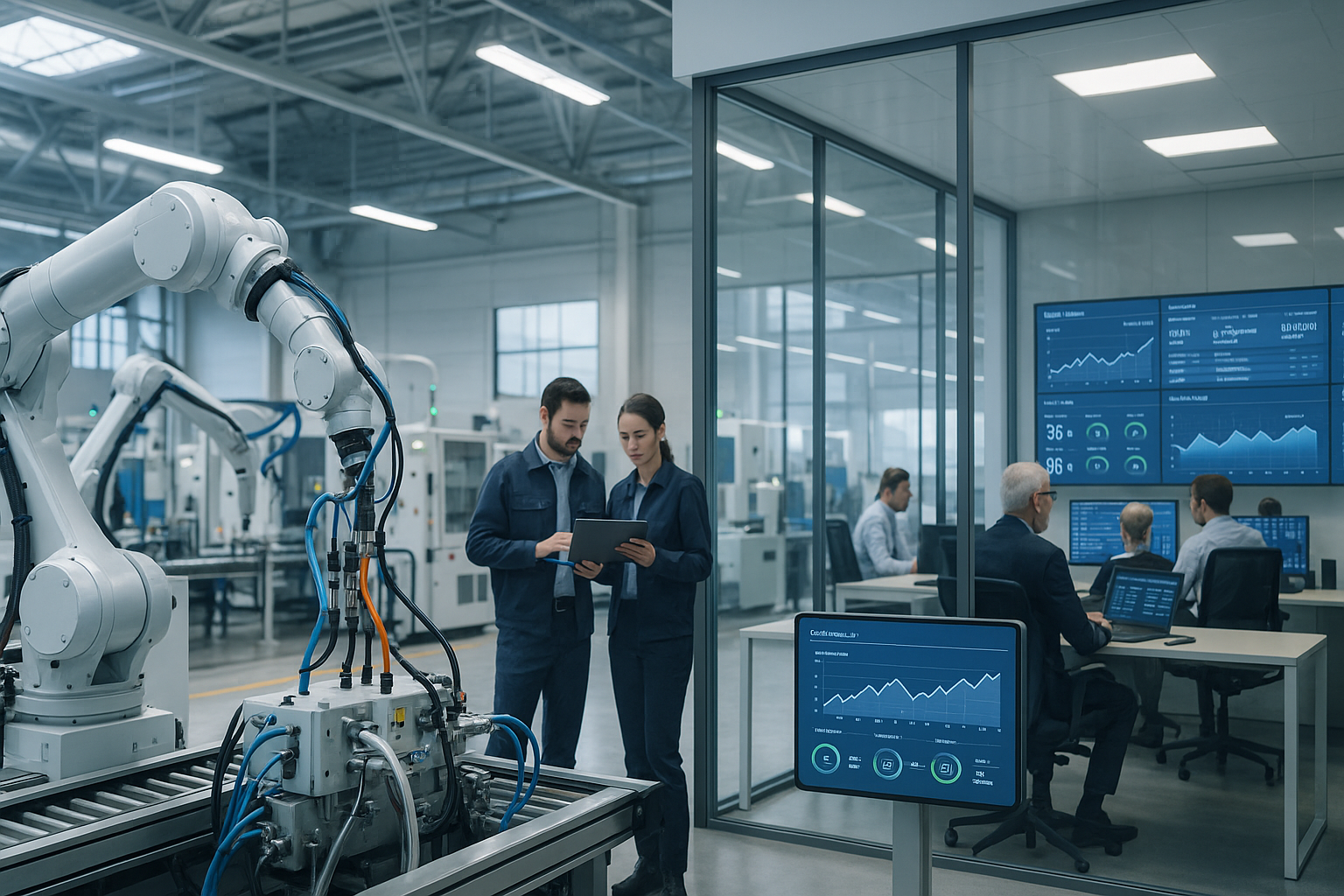 Moderne Industrieanlage mit vernetzten Produktionsmaschinen, robotergestützten Fertigungslinien und digitalen Monitoren, die Echtzeit-KPIs zeigen, im Hintergrund ein lichtdurchflutetes Büro mit CFO und Finance-Team vor großen Dashboards mit Cash-Position und Zahlungsströmen, professionelle Beleuchtung, fotorealistisch, Querformat