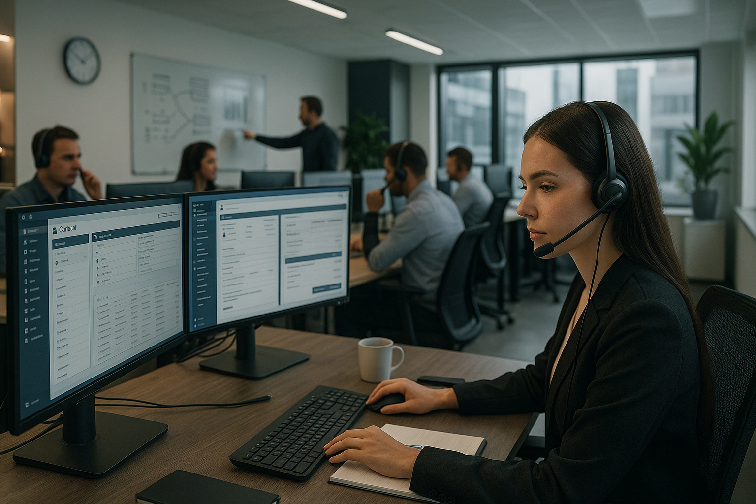 Mitarbeiterin mit Headset arbeitet im Großraumbüro an zwei Monitoren mit Finanz- und Prozessdaten, im Hintergrund Teamarbeit an Whiteboard und Arbeitsplätzen.