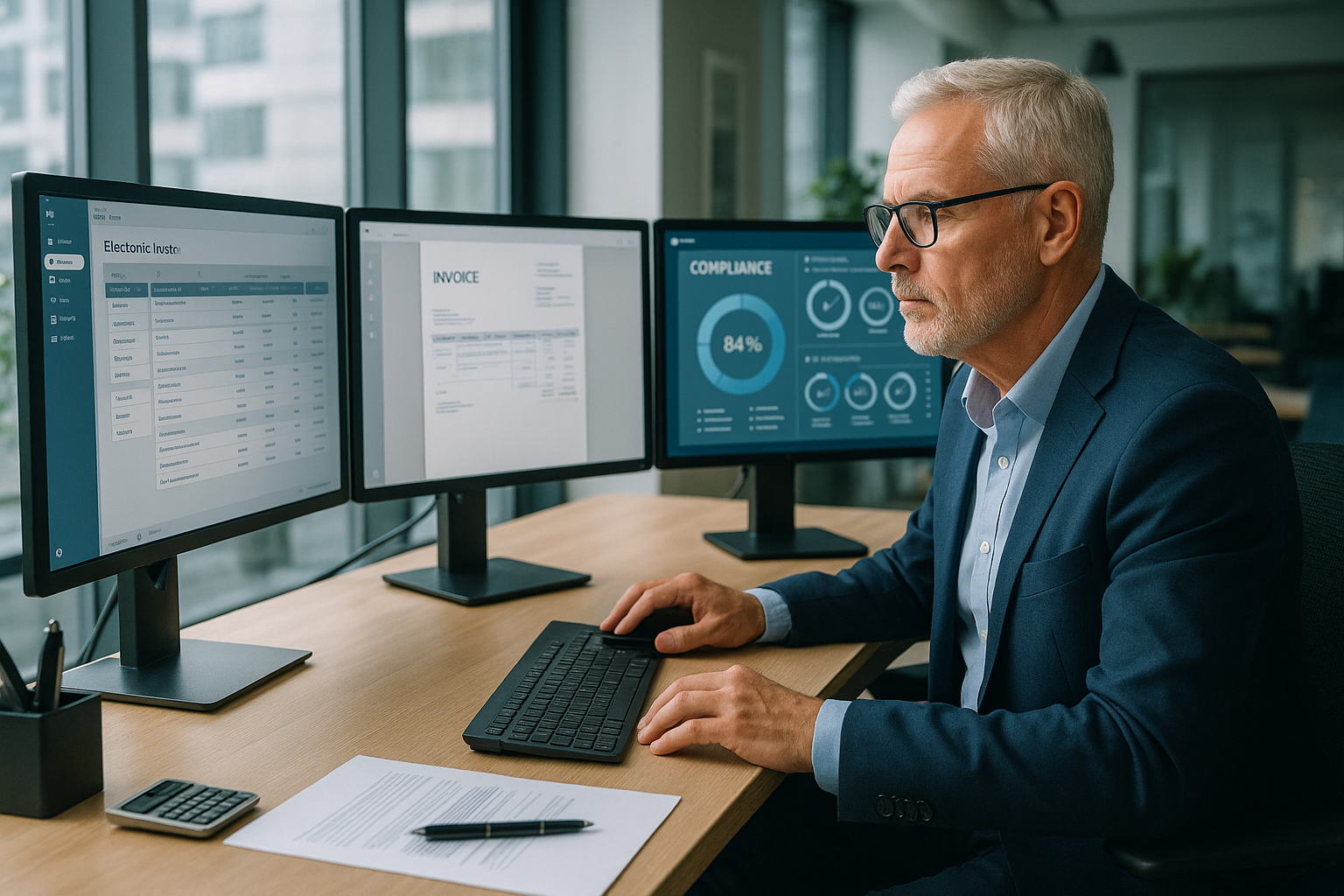 Modernes Büro mit Finance-Manager an Schreibtisch, umgeben von Computern, E-Rechnungsdokumenten, ERP-Systemen und Archivierungslösungen für strukturierte elektronische Rechnungsverarbeitung