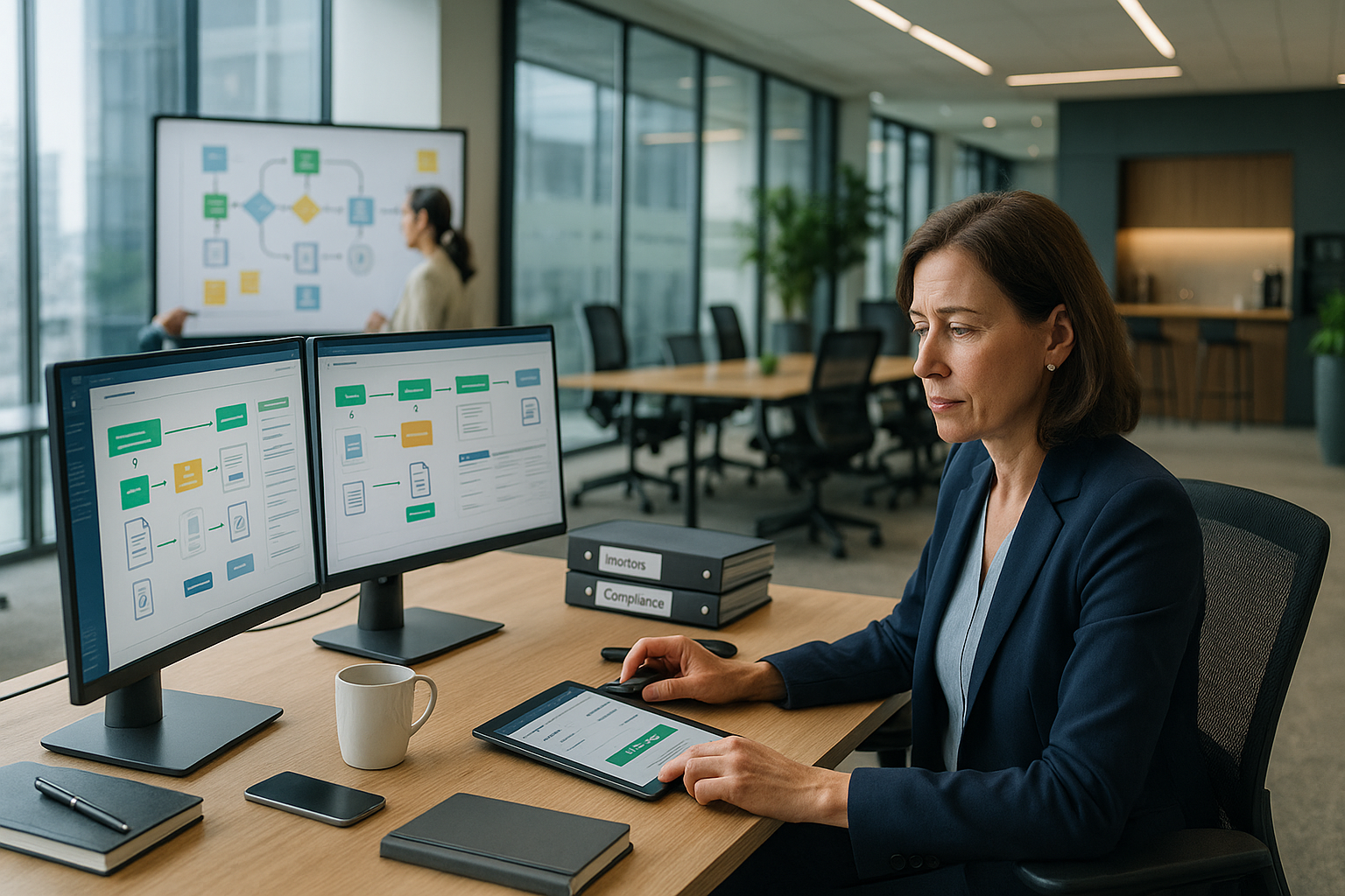 Mitarbeiterin arbeitet im Büro an zwei Monitoren mit Prozessdiagrammen und Compliance-Übersichten und nutzt ein Tablet zur Freigabe oder Bearbeitung von Vorgängen.