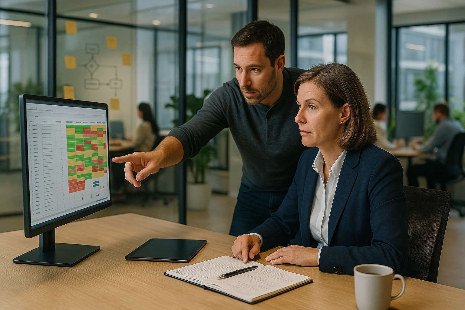 Kollege zeigt auf ein farbcodiertes Status-Dashboard am Monitor, während eine Mitarbeiterin im Büro Notizen macht und die Prozessübersicht prüft.