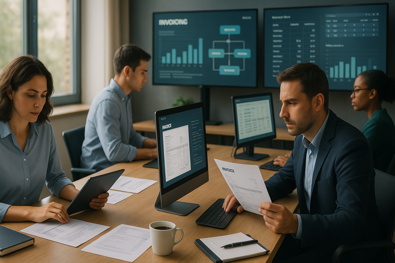 Finanzteam in modernem Büro analysiert elektronische Rechnungen auf Laptop, umgeben von Dokumenten und Rechnungsmetriken