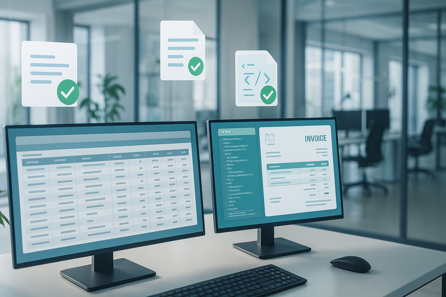 Modernes Büro mit strukturierter E-Rechnung auf Monitor, Reverse-Charge-Kennzeichnung in XML-Datenstruktur sichtbar, aufgeräumter Schreibtisch mit Dokumenten und Kaffeetasse, natürliches Licht