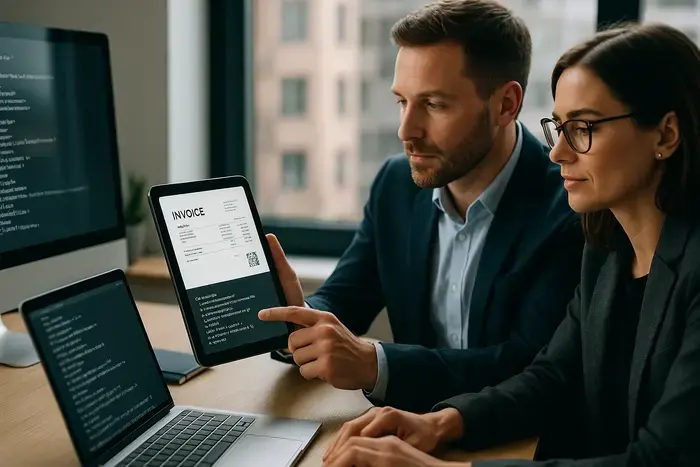 Geschäftsperson betrachtet Rechnungsdatei mit PDF-Layout und XML-Elementen auf einem Monitor in einem modernen Büro mit Finanzberichten.