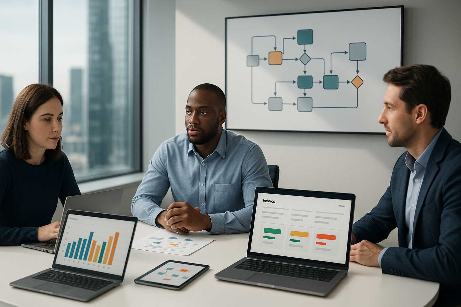 Moderne Büroumgebung mit Finanzmitarbeitern, die an Monitoren mit strukturierten Rechnungsdaten arbeiten, im Hintergrund symbolische Darstellung von Datenflüssen und Plattformen für die elektronische Rechnungsstellung in Spanien