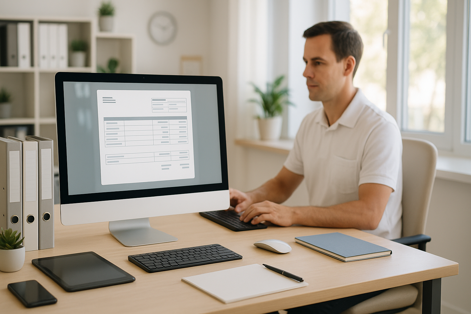 Modernes Praxisbüro einer Arztpraxis mit Schreibtisch, Computer, strukturierten digitalen Workflows auf dem Bildschirm, helle natürliche Beleuchtung durch Fenster, professionelle freundliche Atmosphäre