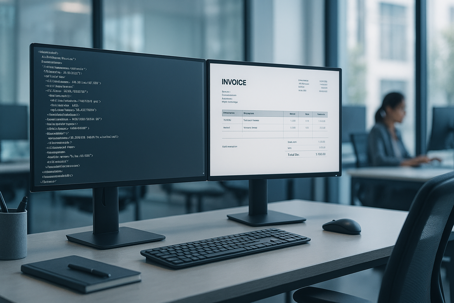Moderne Finanzabteilung mit strukturierten elektronischen Rechnungen auf mehreren Bildschirmen, professioneller Arbeitsplatz mit XML-Daten und PDF-Ansicht in hellem Büro