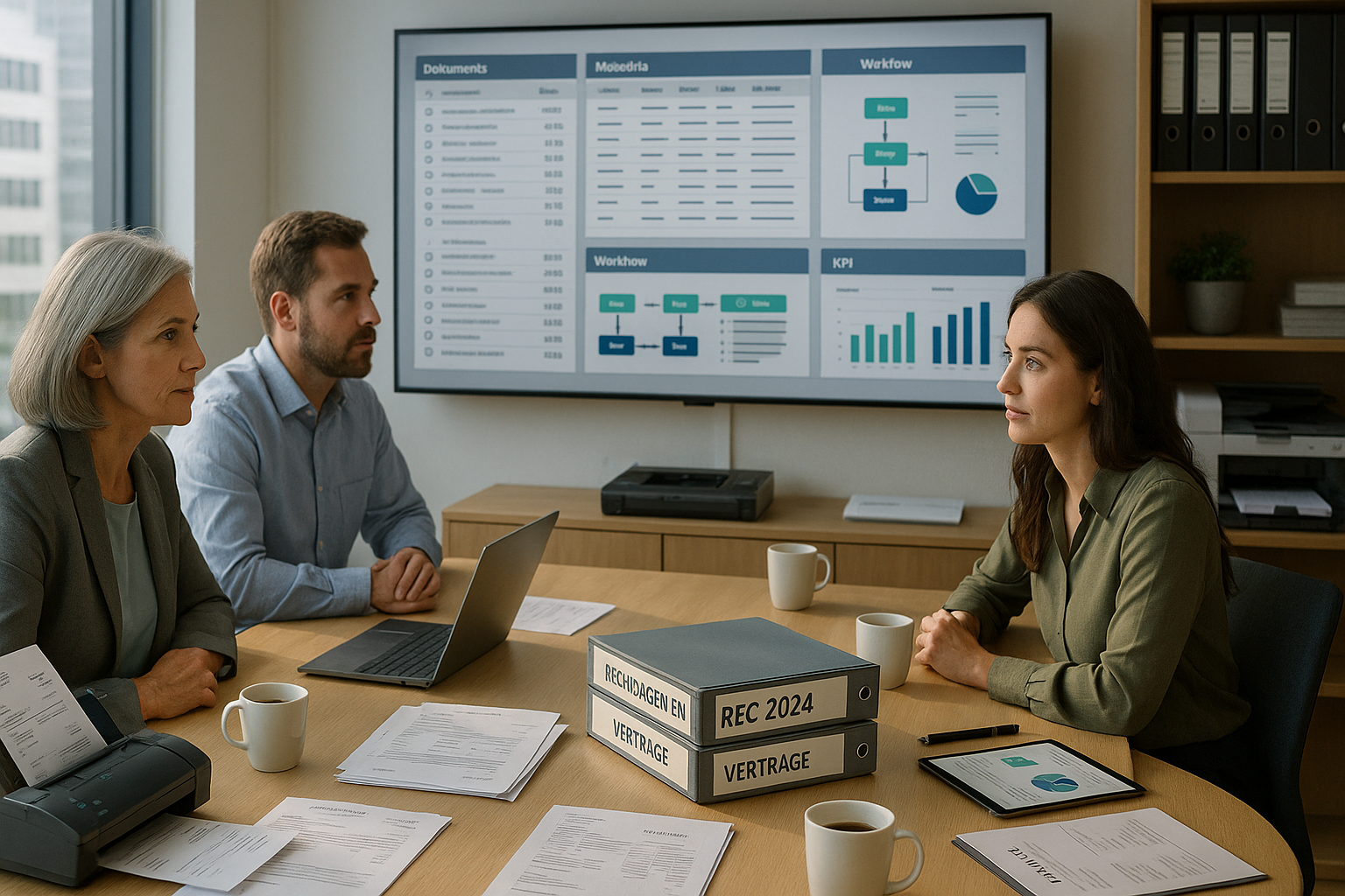 Drei Personen sitzen im Besprechungsraum und besprechen Dokumente und Kennzahlen, im Hintergrund zeigt ein Bildschirm Workflow- und KPI-Übersichten.