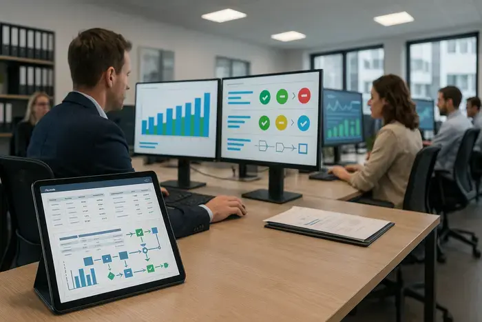 Finance-Professional prüft Amazon-Rechnung auf Laptop-Bildschirm und überprüft Compliance sowie Dokumentation in modernem Büro mit Dokumenten und Tablet.