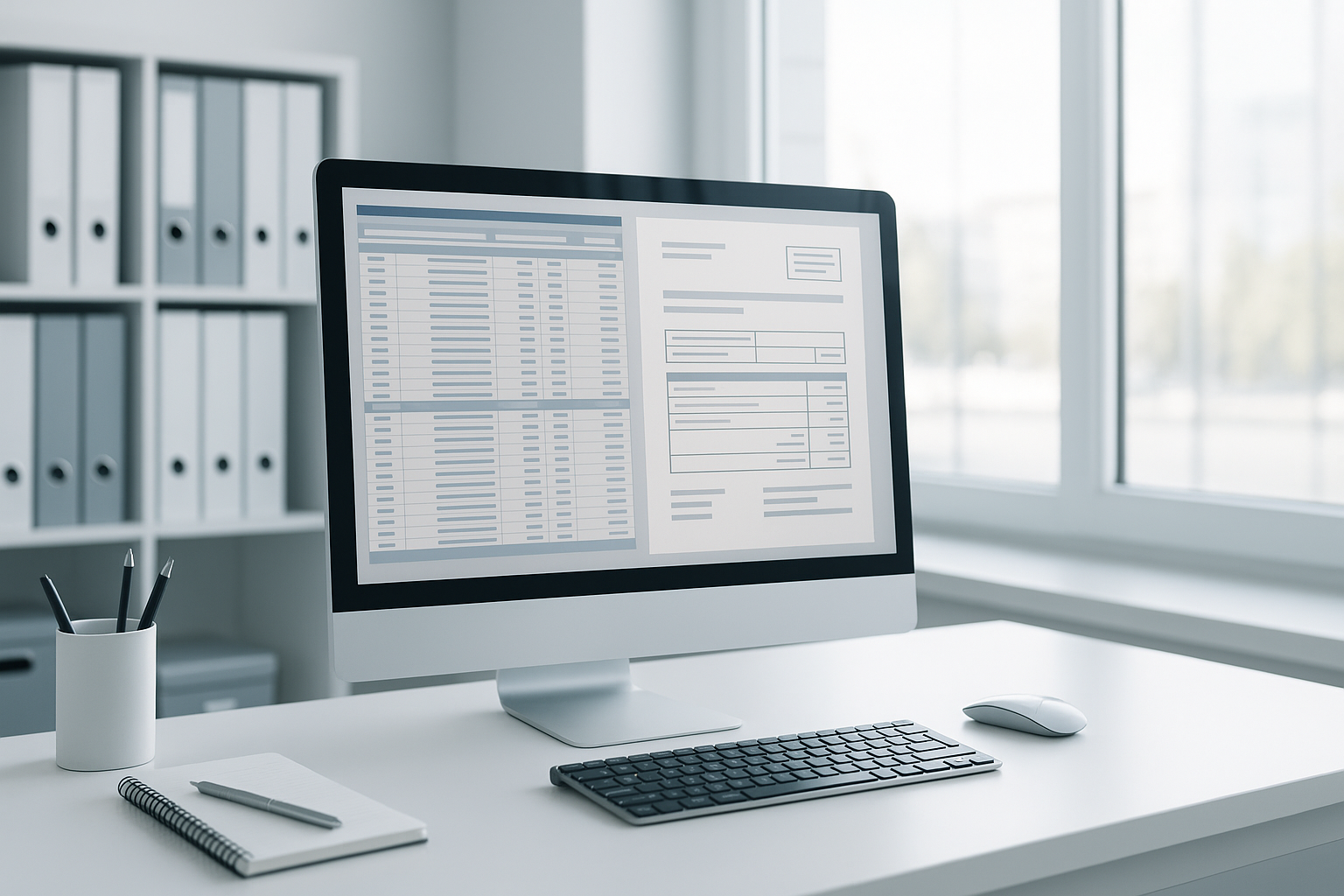 Detailansicht eines strukturierten Arbeitsprozesses mit Dokumenten, Checklisten und einem Bildschirm, der symbolisch die Validierung und Prüfung elektronischer Rechnungen und Stammdaten im Finanzbereich darstellt