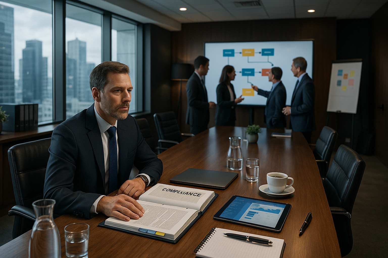 Manager sitzt im Konferenzraum vor Unterlagen mit dem Titel „Compliance“ und einem Tablet; im Hintergrund diskutiert ein Team ein Prozessdiagramm am Bildschirm.