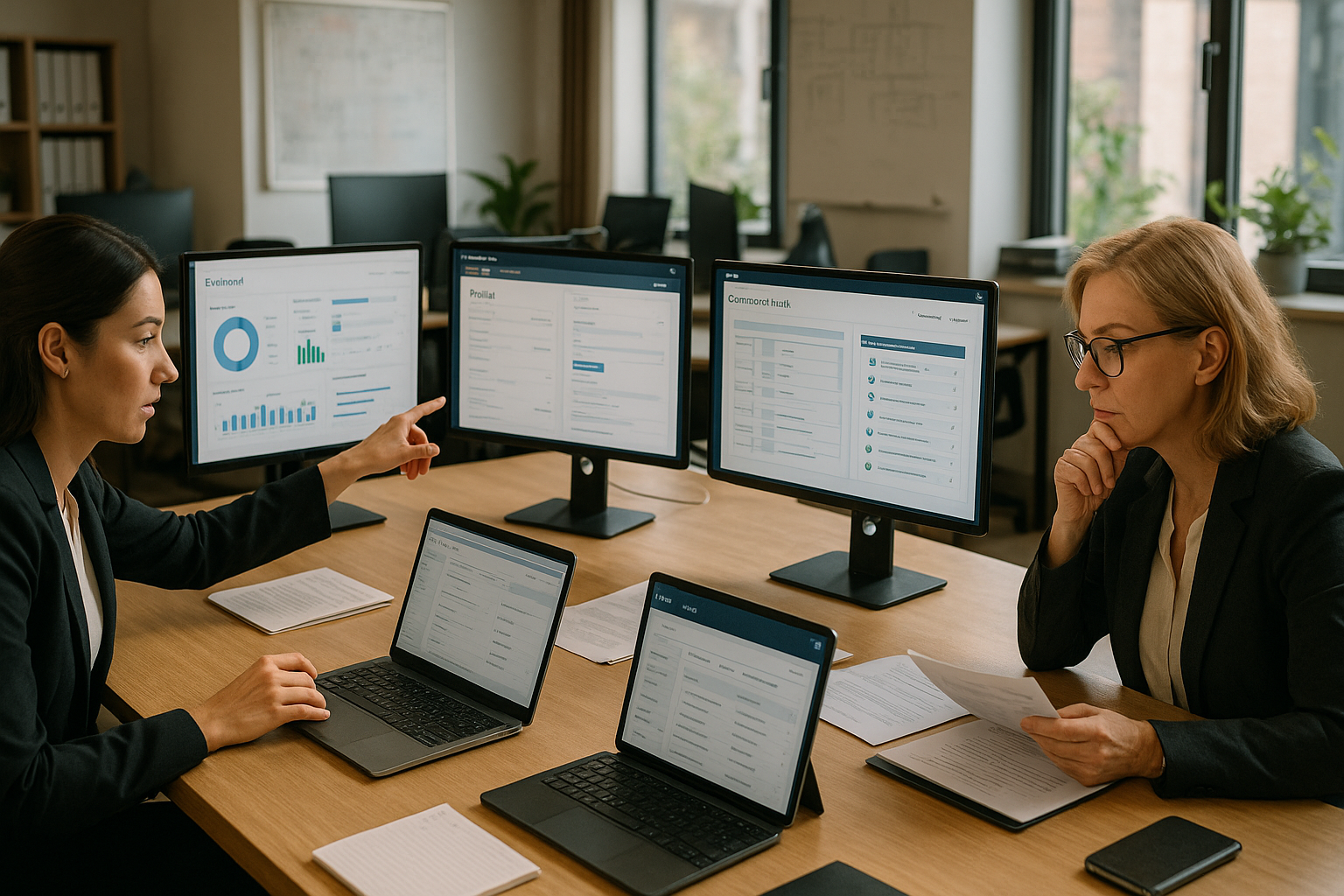 Modernes Büro mit Finanzteam vor großen Bildschirmen, die Dashboards und Webportale mit Zahlungsprozessen zeigen, helle Tageslichtatmosphäre mit klarer Komposition und Tiefe, professionelle Arbeitsumgebung mit Laptops, Tablets und strukturierten Dokumenten auf Schreibtischen, Personen im Businesslook diskutieren konzentriert, im Hintergrund sichtbare Regale mit Ordnern und Whiteboards, warmes natürliches Licht durch große Fenster