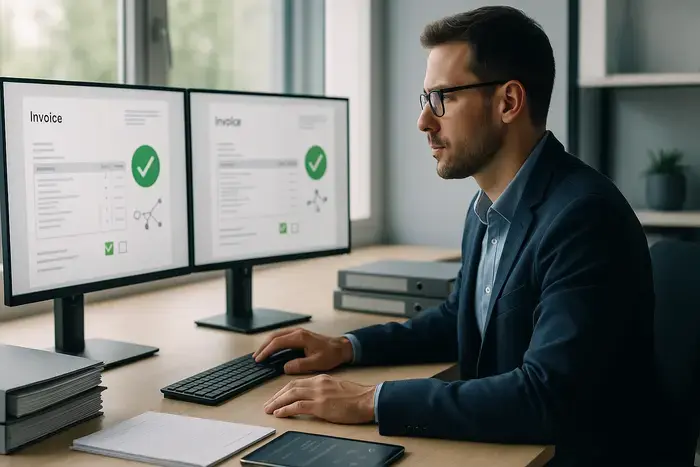 Finance-Manager überwacht E-Rechnungsprozesse und Validierungen an einem modernen Mehrbildschirm-Arbeitsplatz im Büro.