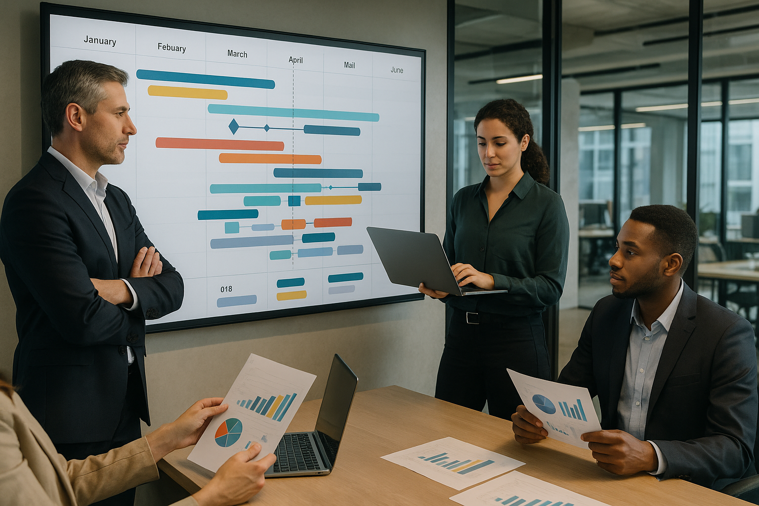 Professionelles Team aus CFO, IT-Leitung und Fachabteilungen arbeitet gemeinsam an Roadmap-Visualisierung auf großem interaktivem Display in modernem Besprechungsraum mit Tageslicht, Glas-Trennwänden und offener Büroarchitektur
