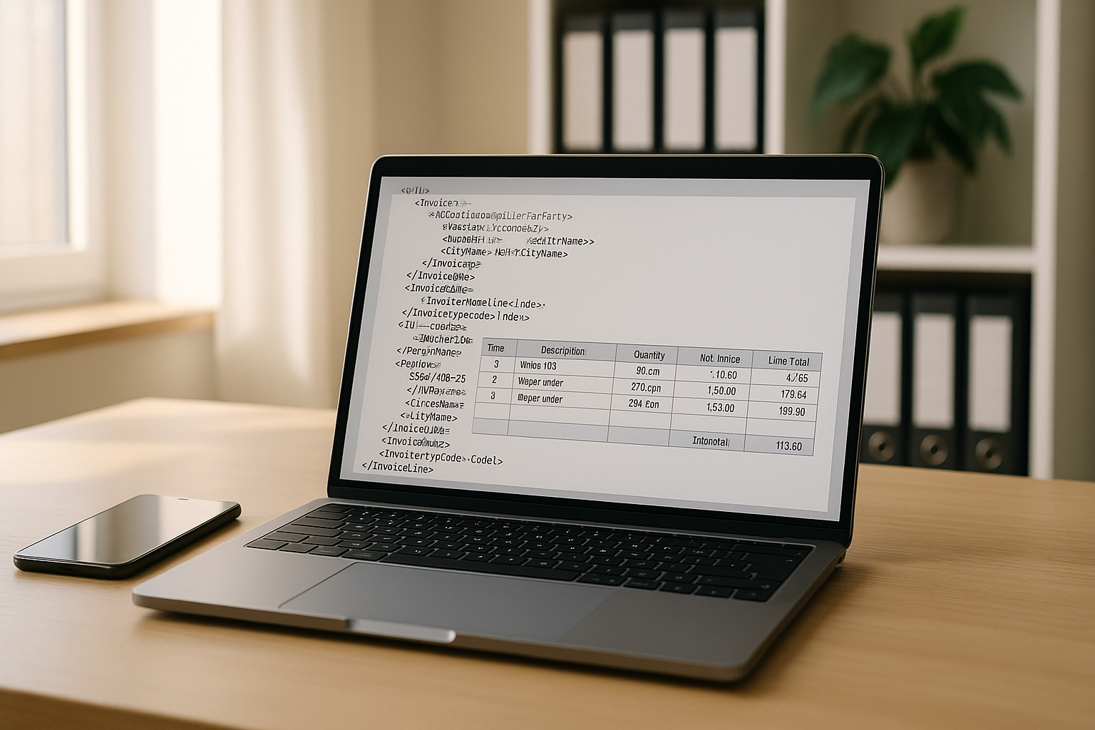 Moderner Arbeitsplatz mit aufgeklapptem Laptop zeigt strukturierte XML-Rechnungsdokumente auf dem Bildschirm, daneben Smartphone, im Hintergrund Regal mit Ordnern und Zimmerpflanze, natürliches Tageslicht durch großes Fenster, professionelle Büroatmosphäre, fotorealistisch, warme Farben, Fokus auf digitale Infrastruktur