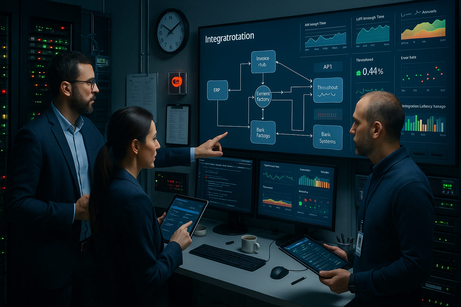IT-Architekten und Digital Leaders vor großem Monitoring-Dashboard in modernem Serverraum, Integrations-Landkarte mit vernetzten ERP- und Payment-Systemen, Echtzeit-KPIs zu API-Response-Times und Throughput auf mehreren Bildschirmen, Personen zeigen auf Metriken und halten Tablets mit Deployment-Pipelines, im Hintergrund Serverracks mit blinkenden Status-LEDs, Whiteboard mit Architektur-Diagramm und Schnittstellenübersicht, strukturierte Kabelführung in Cable-Management-Systemen, Netzwerk-Switches mit verbundenen Ports, Firewall-Appliance mit Statusanzeigen, Backup-Storage-Einheiten, Klimaanlage mit Temperatur-Display, Zutrittskontroll-Terminal mit Badge-Reader, technische Dokumentation auf Clipboard, professionelle Deckenbeleuchtung und leuchtende Bildschirme erzeugen fokussierte Arbeitsatmosphäre, sachliche und lösungsorientierte Stimmung vermittelt Kontrolle über komplexe IT-Transformationen, Querformat, Landscape, 1200x600