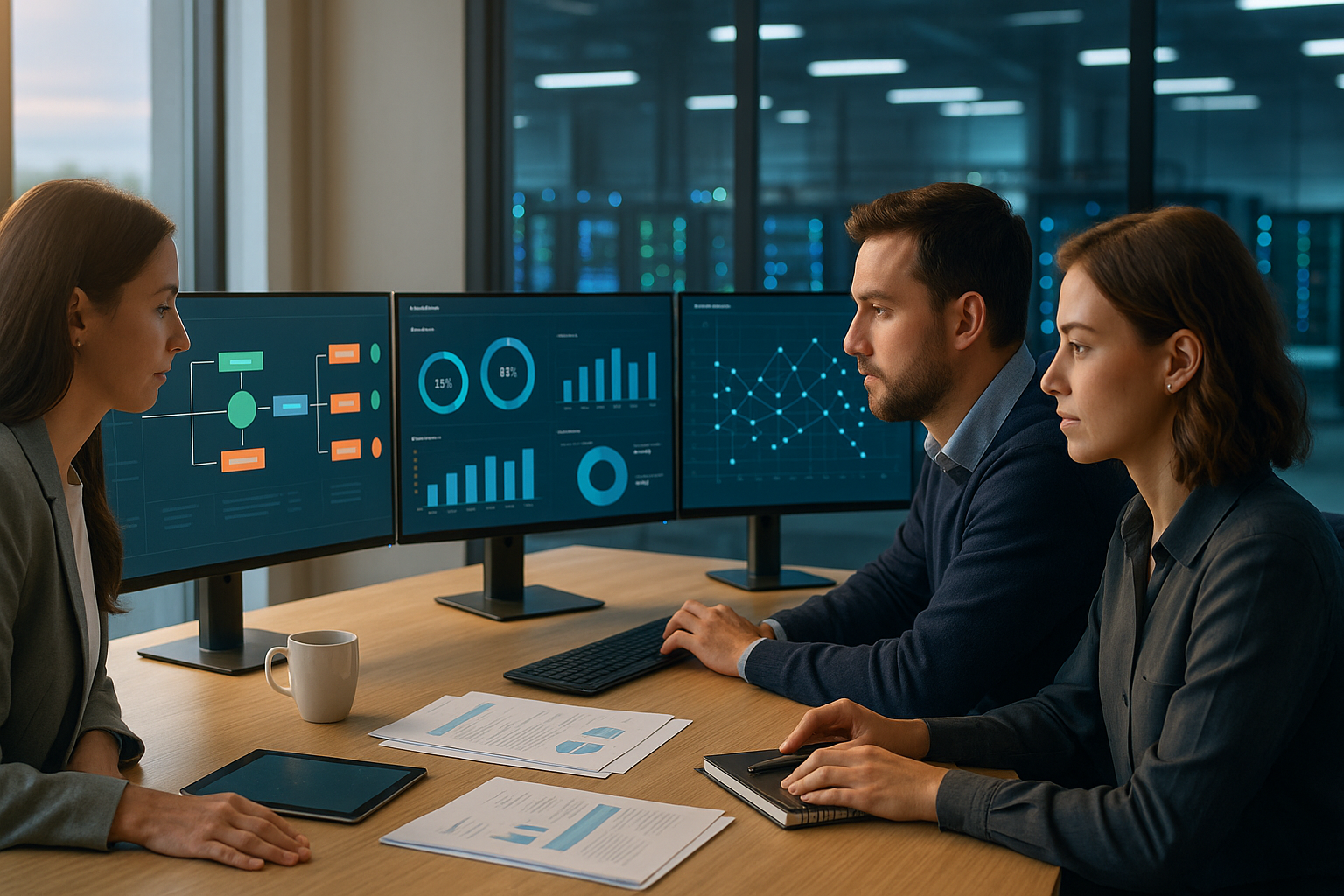 Moderne Büroumgebung mit dreiköpfigem Finanzteam vor großen Monitoren, visualisierte Datenströme und Sicherheitsindikatoren auf Bildschirmen, sicheres Rechenzentrum durch Glaswand im Hintergrund, warmes Tageslicht durch Panoramafenster, professionelle Atmosphäre