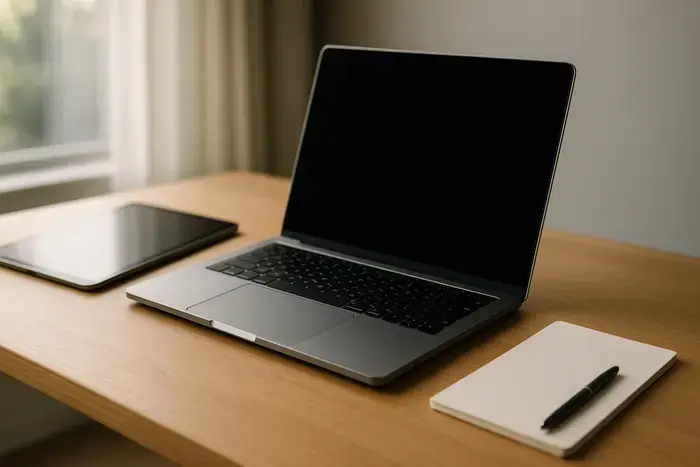 Moderner Arbeitsplatz mit MacBook Pro und iPad auf hellem Holzschreibtisch, minimalistisches Design, natürliches Licht von links