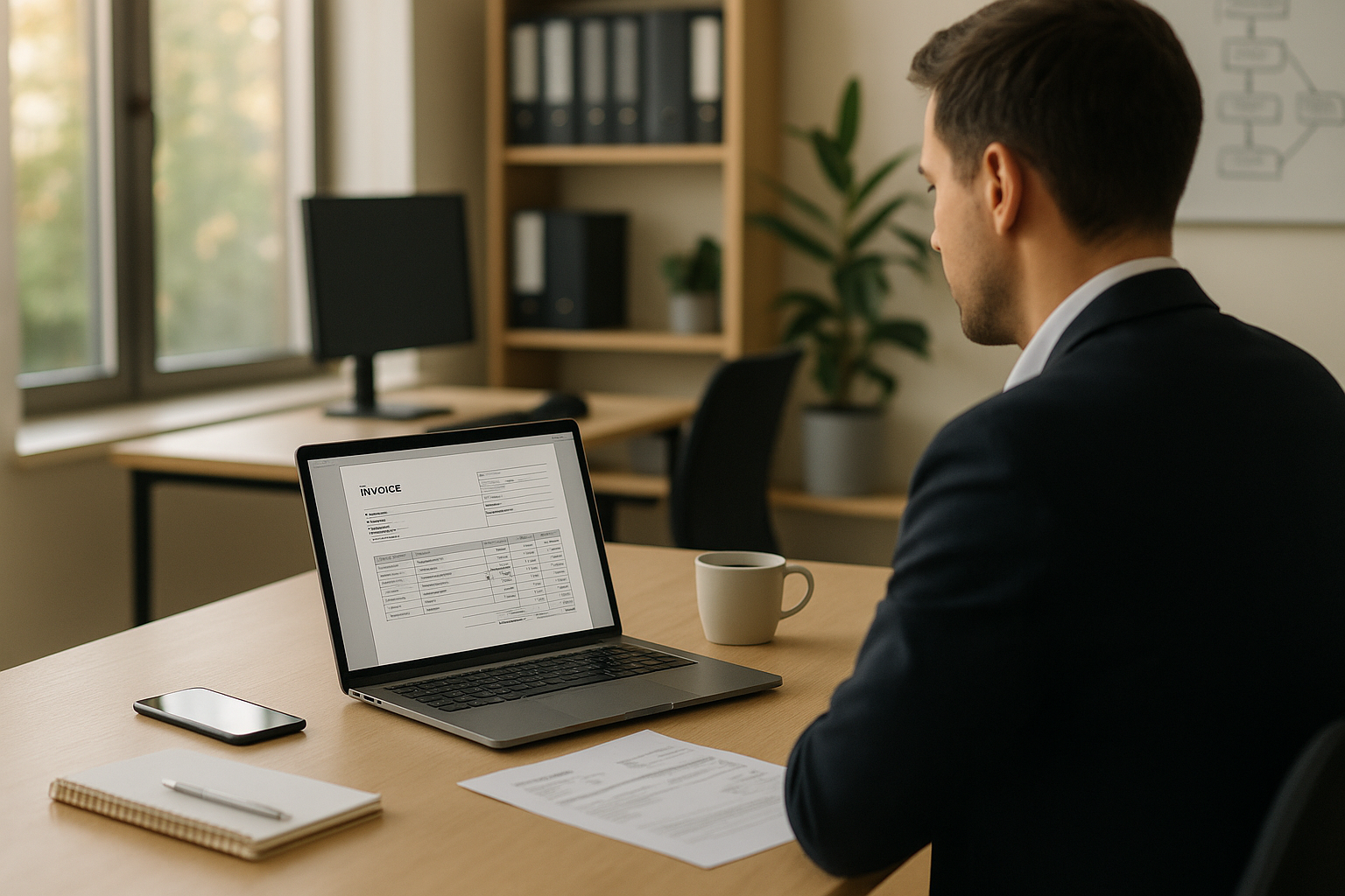 Mitarbeiter sitzt im Büro am Schreibtisch und prüft am Laptop eine Rechnung in Tabellenform, daneben liegen Notizbuch, Smartphone und Unterlagen.