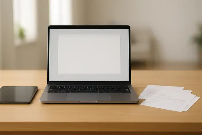 Laptop und Rechnungsblätter auf einem Schreibtisch, die digitale Rechnungsverarbeitung darstellen