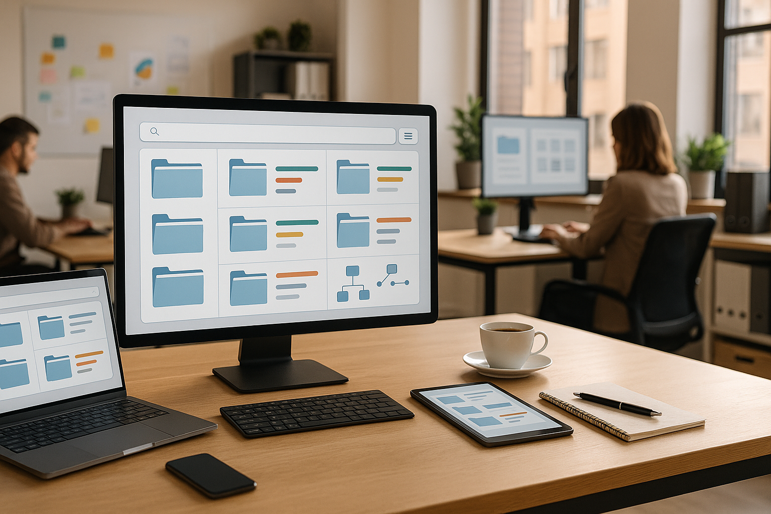 Modernes Büro eines mittelständischen Unternehmens mit aufgeräumten Schreibtischen, auf denen Monitore mit strukturierten Ordnersymbolen und Workflows sichtbar sind, im Vordergrund ein Laptop mit digitalem Dashboard, im Mittelgrund Mitarbeitende bei konzentrierter Arbeit, im Hintergrund große Fenster mit Tageslicht, professionelle Atmosphäre