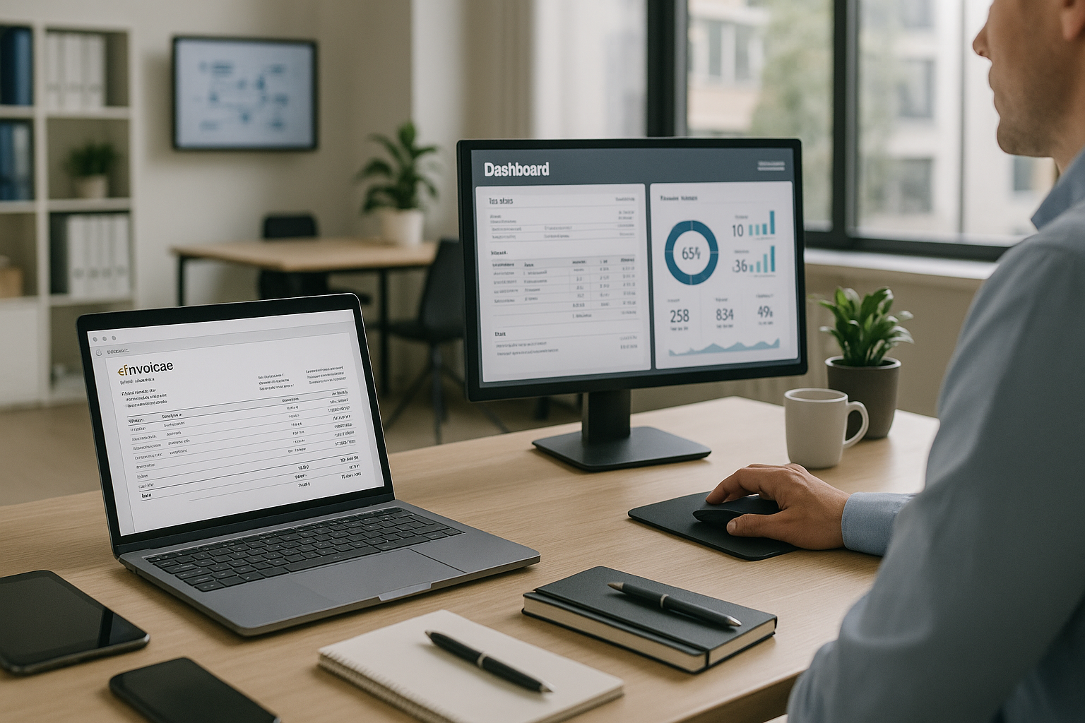 Mitarbeiter arbeitet am Schreibtisch mit Laptop-Rechnung und Monitor-Dashboard mit Kennzahlen, daneben liegen Notizbuch, Stifte und Smartphone.