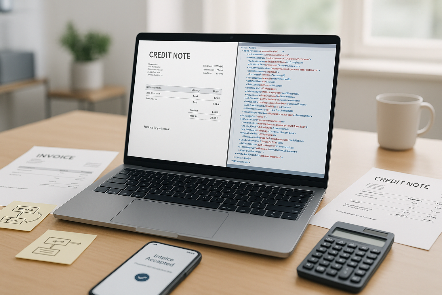 Moderner Arbeitsplatz mit Laptop, auf dem parallele Ansicht von PDF-Gutschrift und XML-Struktur zu sehen ist, umgeben von strukturierten Dokumenten, Taschenrechner und Notizen in heller Büroumgebung