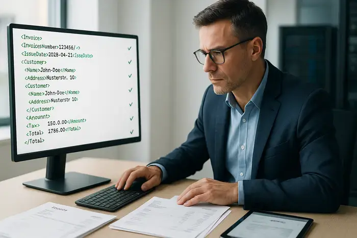 Finanzprofi prüft strukturierte E-Rechnungsdaten auf Monitor, physische Rechnungen und Scan-Tablet daneben.