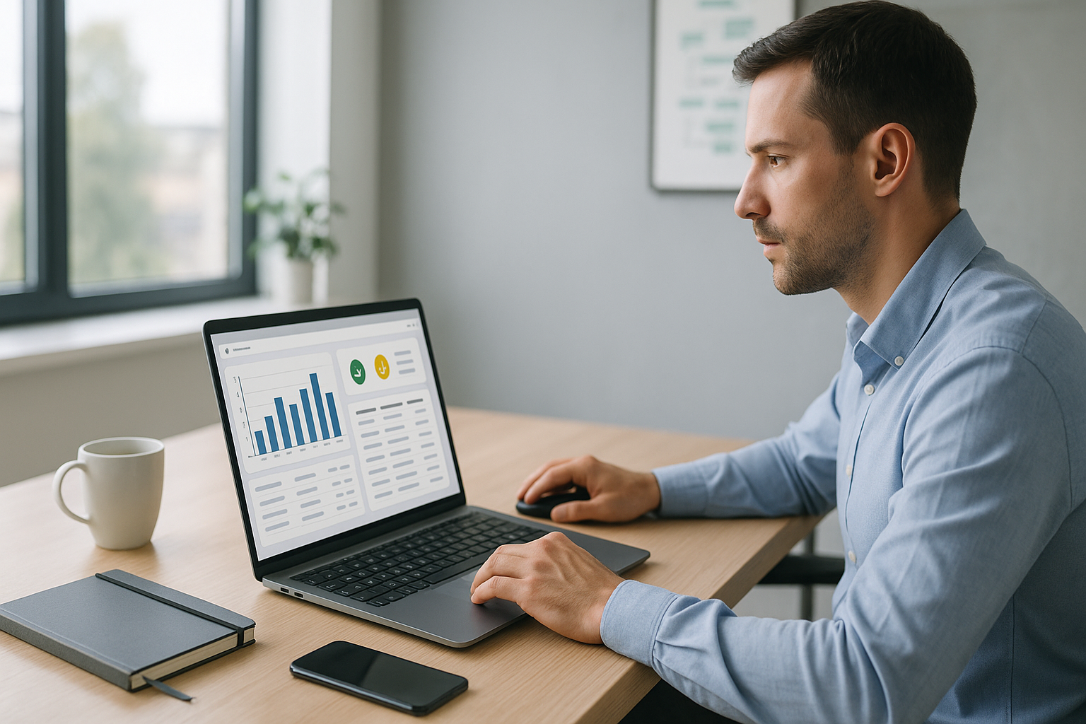 Modernes Büro mit hellem Tageslicht, auf einem Schreibtisch aus hellem Holz steht ein aufgeklappter Laptop mit Dashboard und Validierungsstatistiken in Grün Gelb Rot, daneben Kaffeetasse Smartphone und Notizbuch, im Hintergrund große Fenster mit Stadtsilhouette, an der Wand Prozessdiagramme und Infografiken, professionelle Atmosphäre mit warmen Farben und sanften Schatten, Fokus auf digitale Finanzprozesse und strukturierte Arbeitsweise