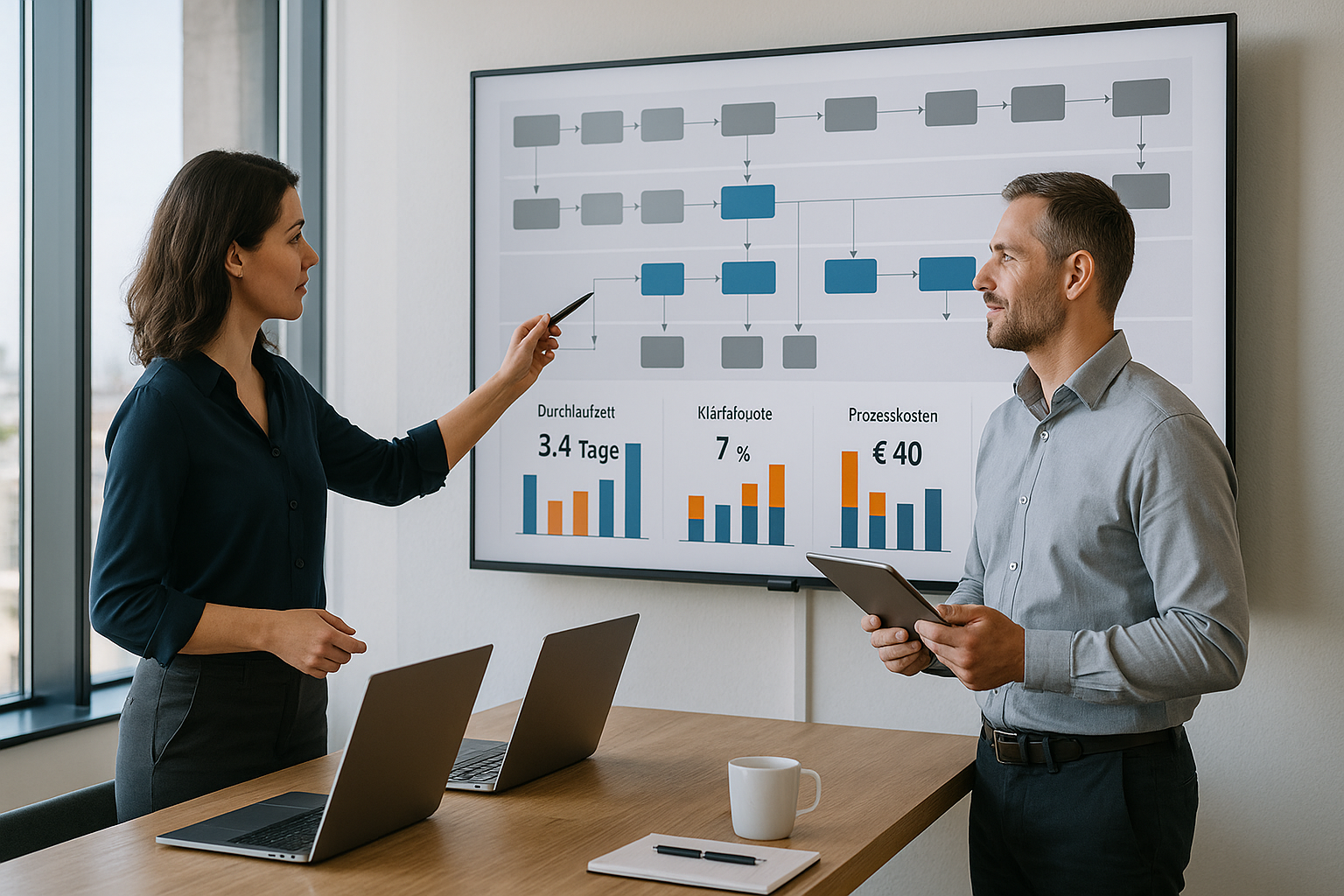 Zwei Führungskräfte analysieren gemeinsam Prozessdiagramme und KPI-Dashboards auf großem Wandmonitor in modernem Konferenzraum mit Holztisch, Laptops und Kaffeetassen, Frau in dunkelblauer Bluse zeigt mit Stift auf Monitor, Mann in hellgrauem Hemd hält Tablet, große Fenster mit urbaner Skyline bei natürlichem Tageslicht, konzentrierte professionelle Arbeitsatmosphäre mit farbigen Balkendiagrammen und Swim-Lanes auf Monitor, neutrale Farbpalette