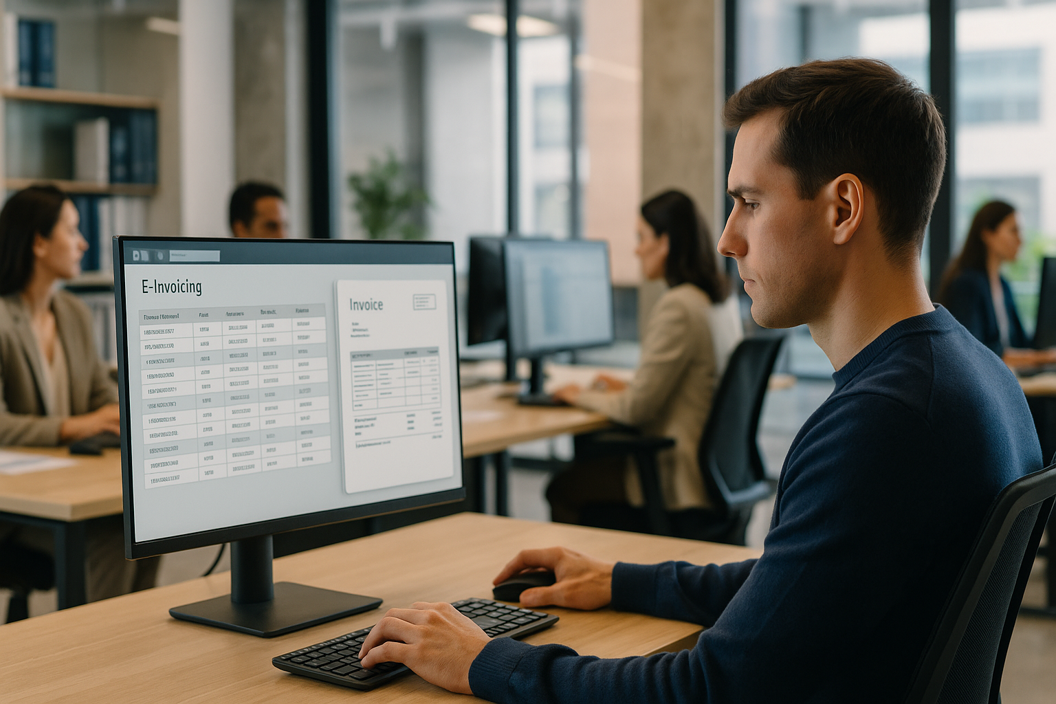 Professionelle Büroumgebung einer öffentlichen Verwaltung mit Mitarbeiter am Bildschirm, auf dem strukturierte Datenfelder einer elektronischen XRechnung sichtbar sind, moderne digitale Verwaltungsarbeit, helle freundliche Atmosphäre, fotorealistisch mit natürlicher Beleuchtung und klarer Komposition